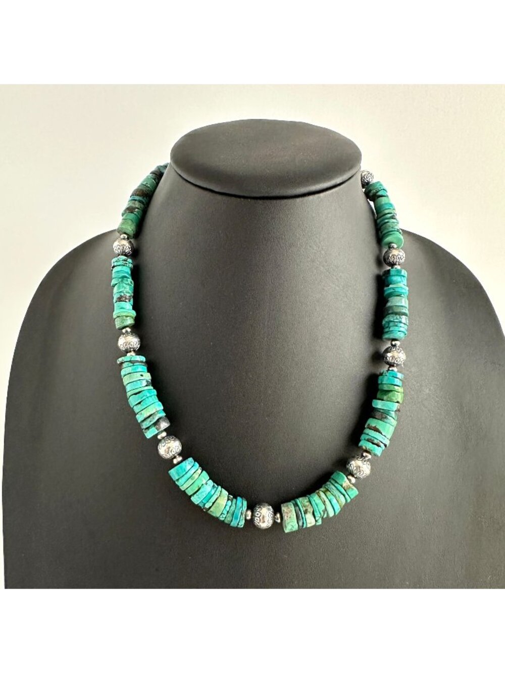 Hubei Turquoise Disc Bead Necklace Stamped Sterling Silver Pearls 20"